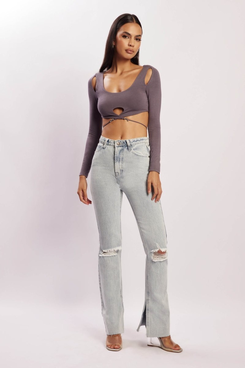 Meshki Jessie Long Sleeve Cut Out Crop レディース トップス 深いグレー 日本 | B5X-5985