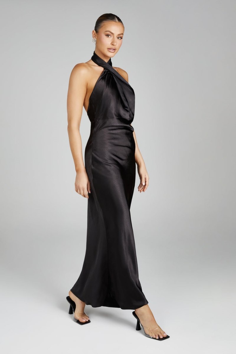 Meshki Laura Halter Satin Gown レディース 結婚式のドレス 黒 日本 | B5D-1450