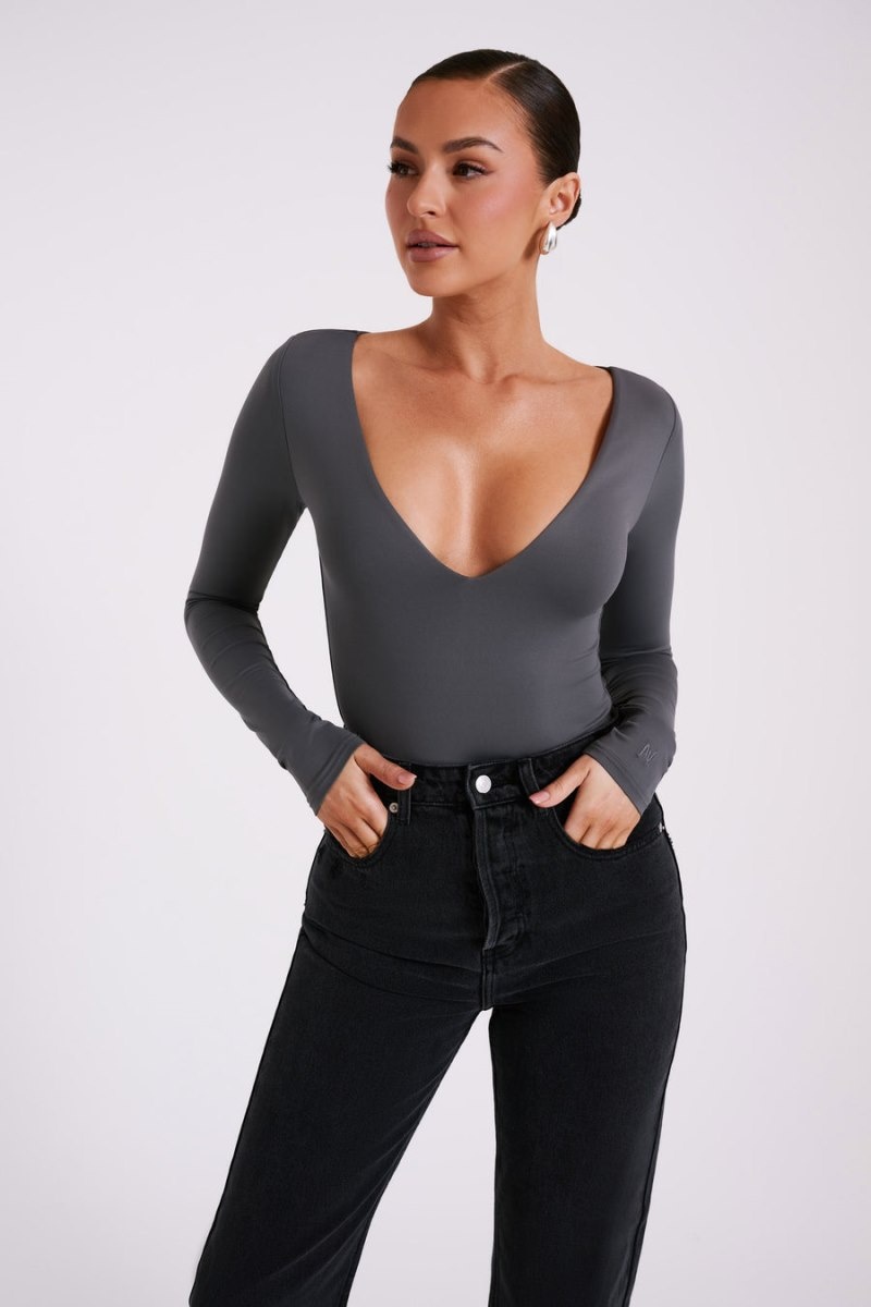 Meshki Nia Long Sleeve V Neck レディース ボディスーツ 深いグレー 日本 | J1Q-5444