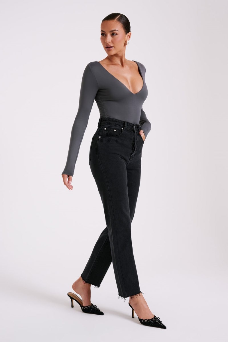 Meshki Nia Long Sleeve V Neck レディース ボディスーツ 深いグレー 日本 | J1Q-5444