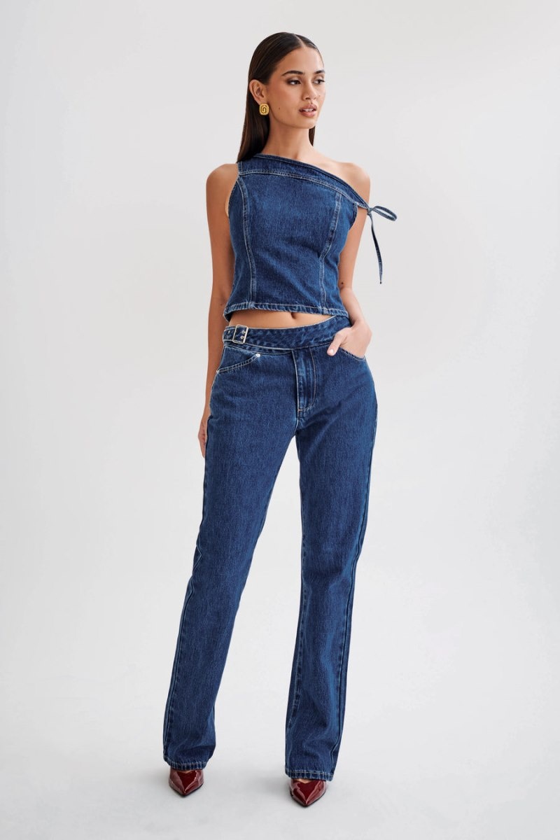 Meshki Ramsey Denim Off Shoulder レディース トップス 暗青 日本 | V1J-0641