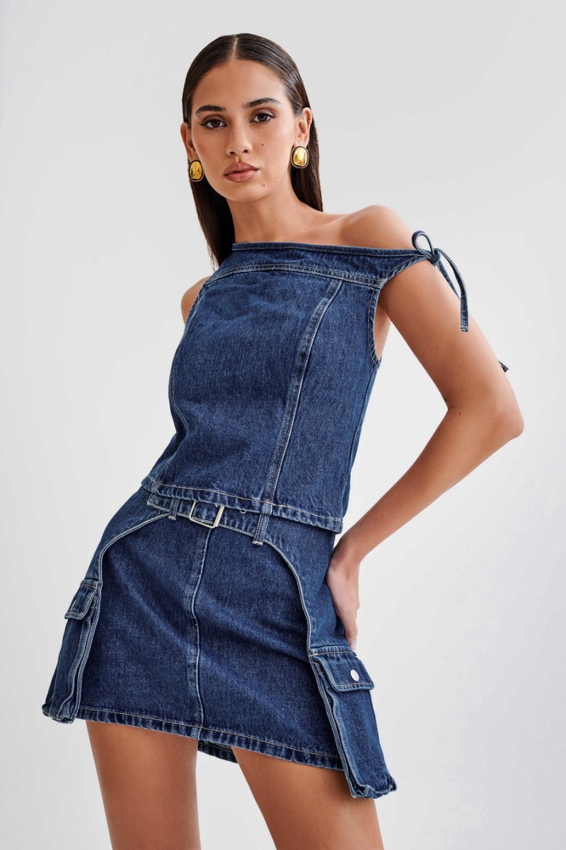 Meshki Ramsey Denim Off Shoulder レディース トップス 暗青 日本 | V1J-0641