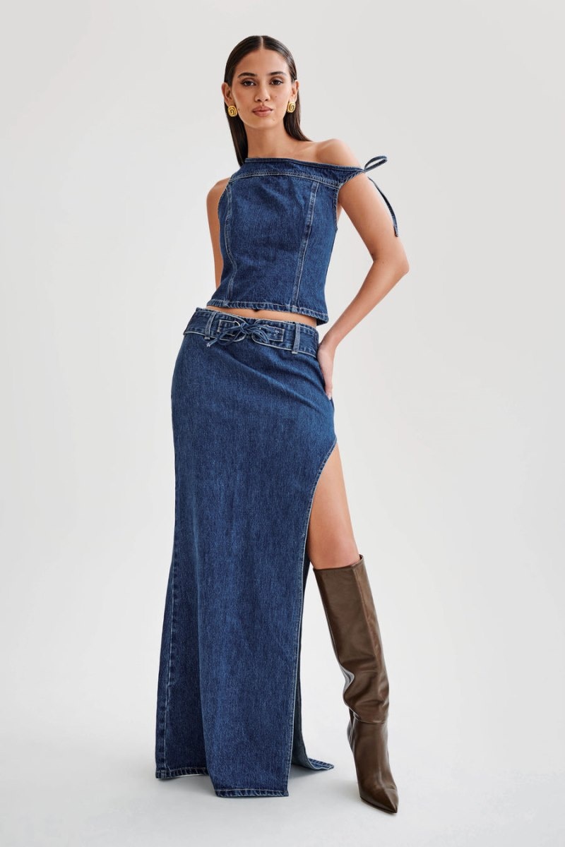 Meshki Ramsey Denim Off Shoulder レディース トップス 暗青 日本 | V1J-0641