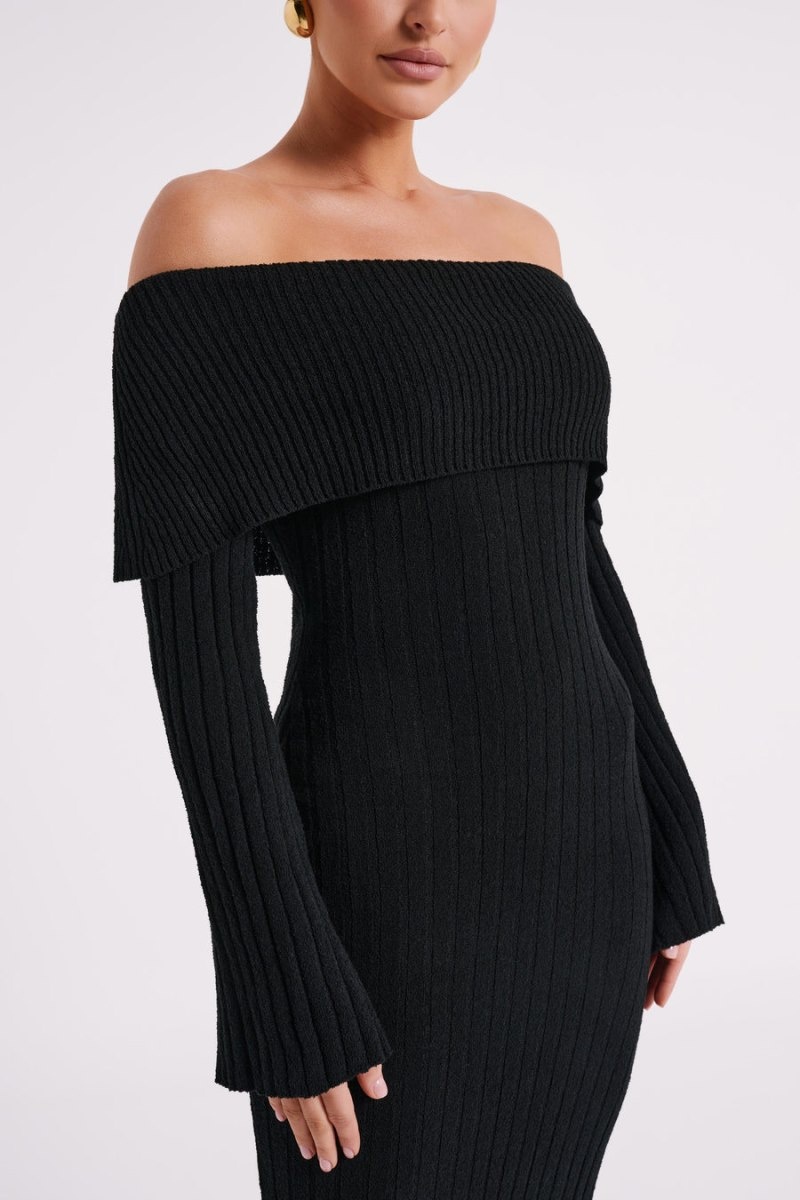 Meshki Stefania Off Shoulder Knit レディース ミディドレス 黒 日本 | M8M-3209