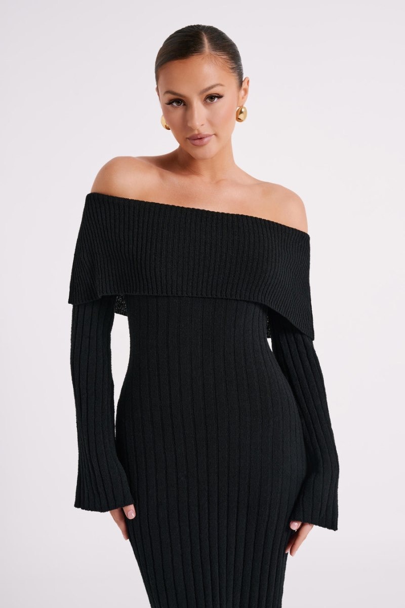 Meshki Stefania Off Shoulder Knit レディース ミディドレス 黒 日本 | M8M-3209