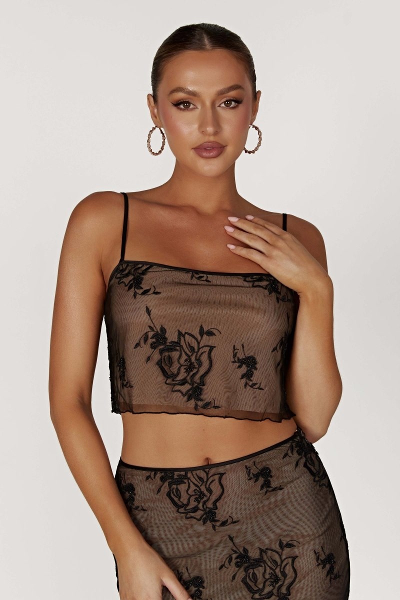 Meshki Xena Embroidered Mesh Cami レディース トップス 黒 日本 | F8C-0474